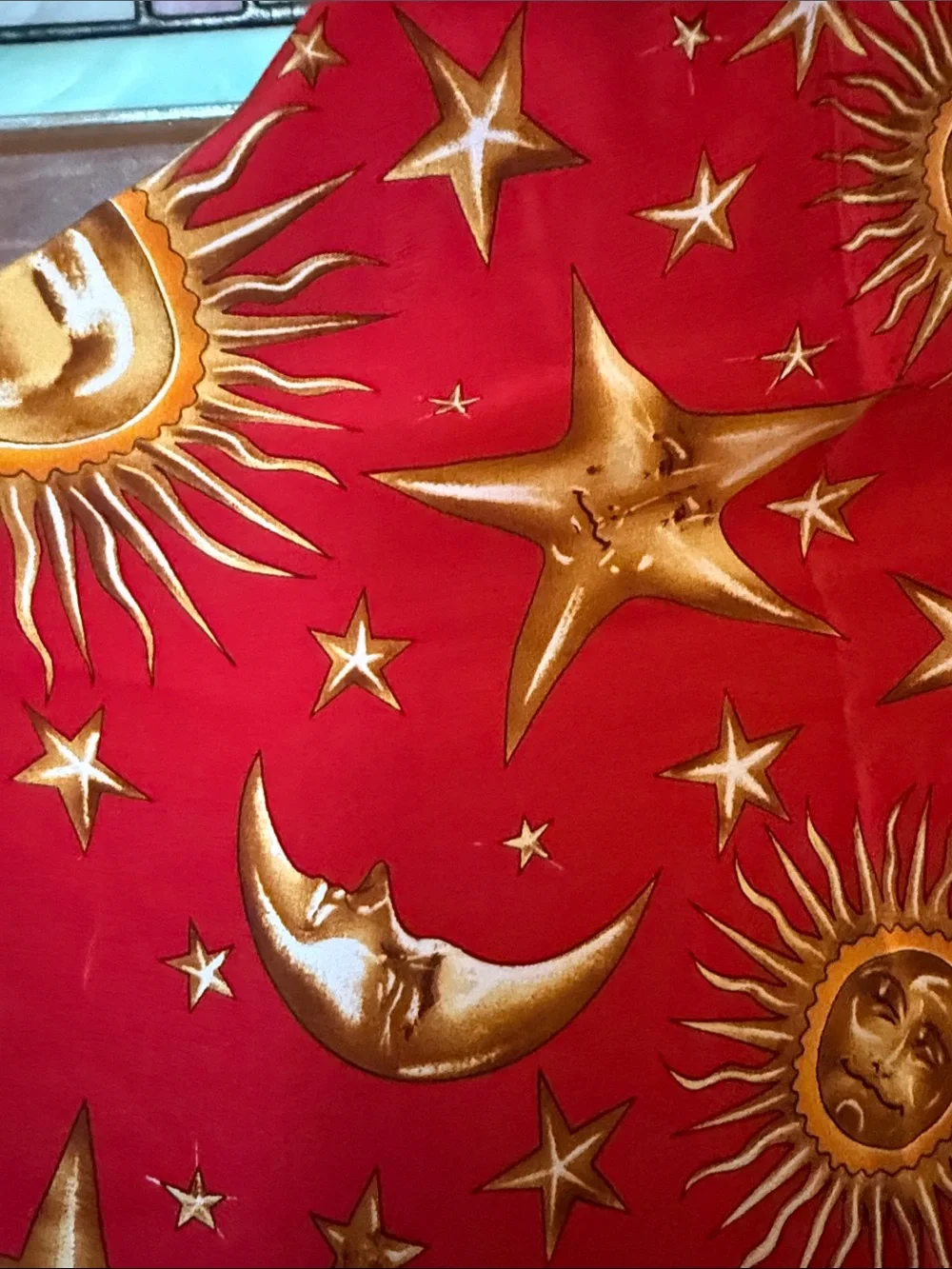 Vintage Casca 100% Silk Scarf Red & Gold Baroque Zodiac Sun Moon Star Motif